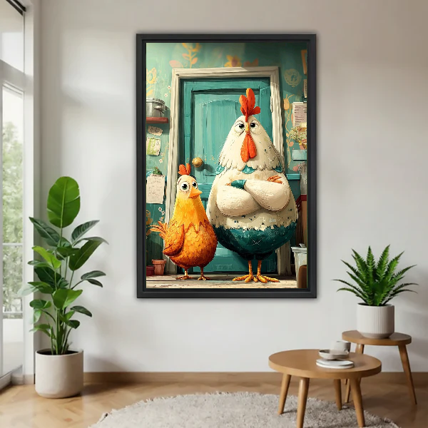 Rooster Duo Canvas Wall Art framed above a wood table with green plants.