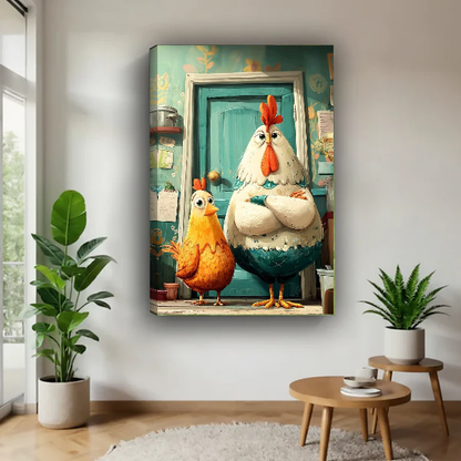 Rooster Duo Canvas Wall Art unframed above a wood table with green plants.