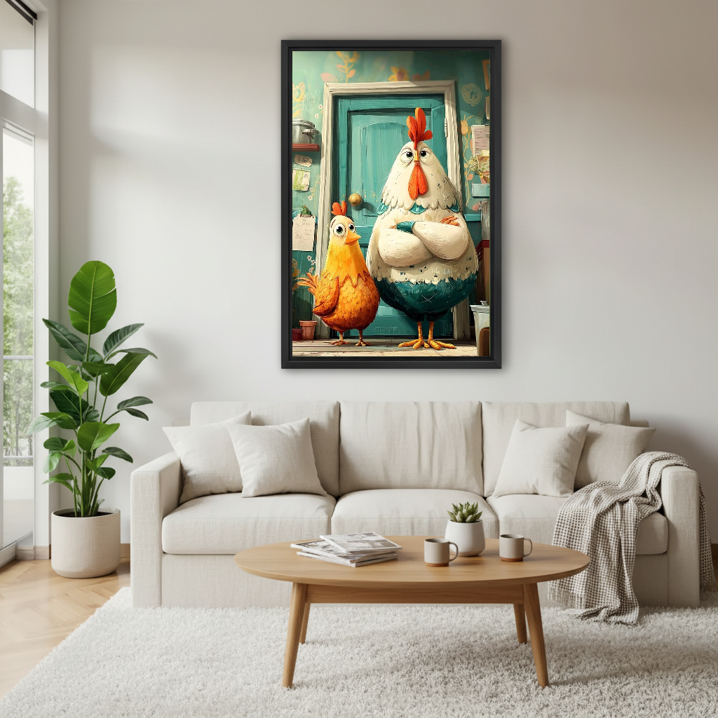 Rooster Duo Canvas Wall Art framed above a white sofa and round coffee table.