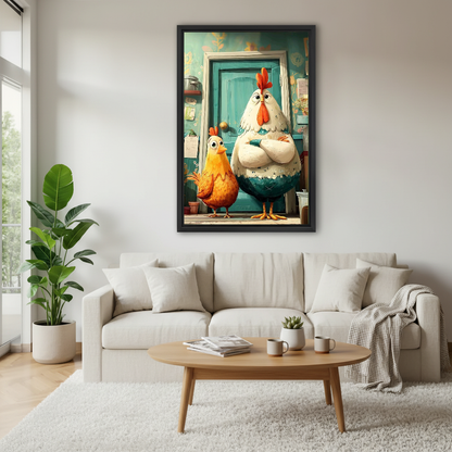 Rooster Duo Canvas Wall Art framed above a white sofa and round coffee table.