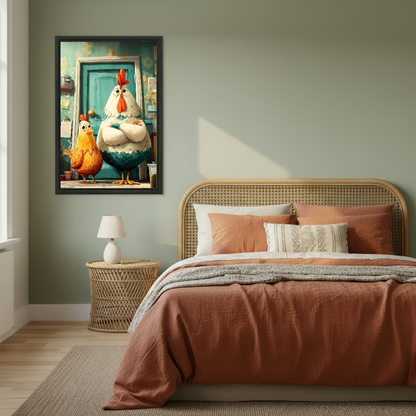 Rooster Duo Canvas Wall Art framed above copper bedding against a muted olive wall.