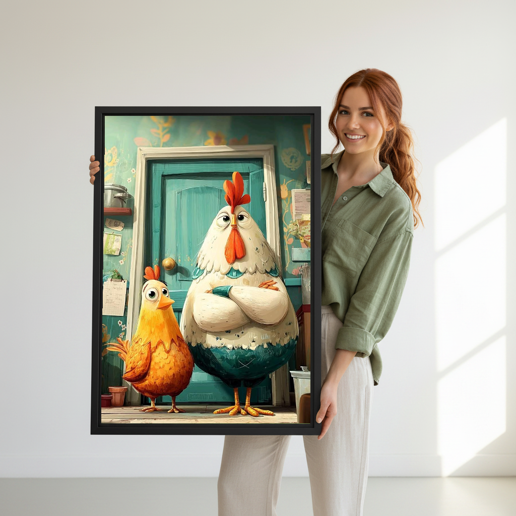 Rooster Duo Canvas Wall Art held in a black frame by a woman wearing green.