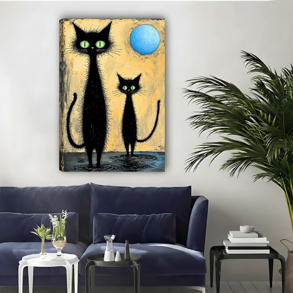 Black Cats Moon Canvas Wall Art unframed above a navy sofa and nested side tables.