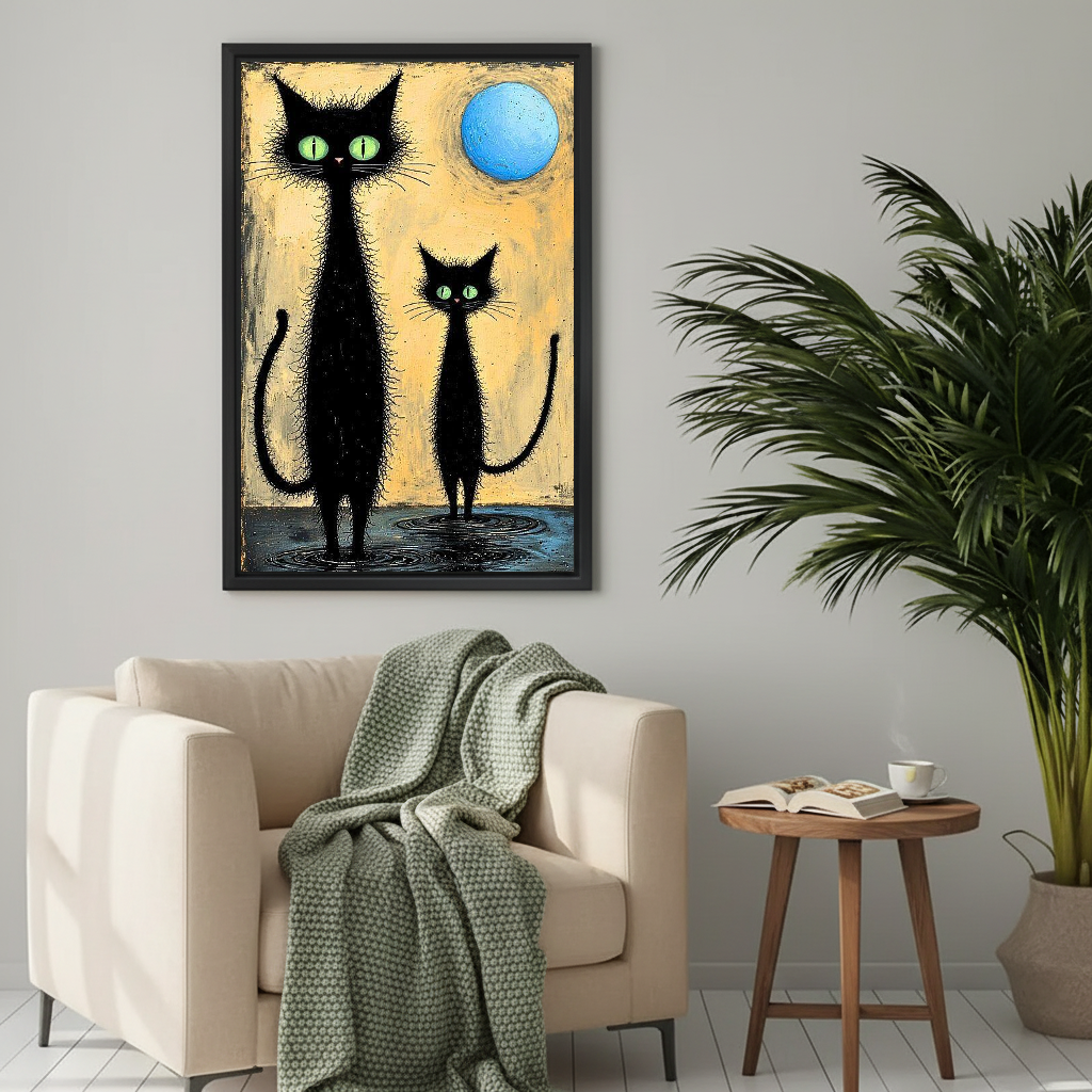 Black Cats Moon Canvas Wall Art framed beside a cream armchair with a green throw.