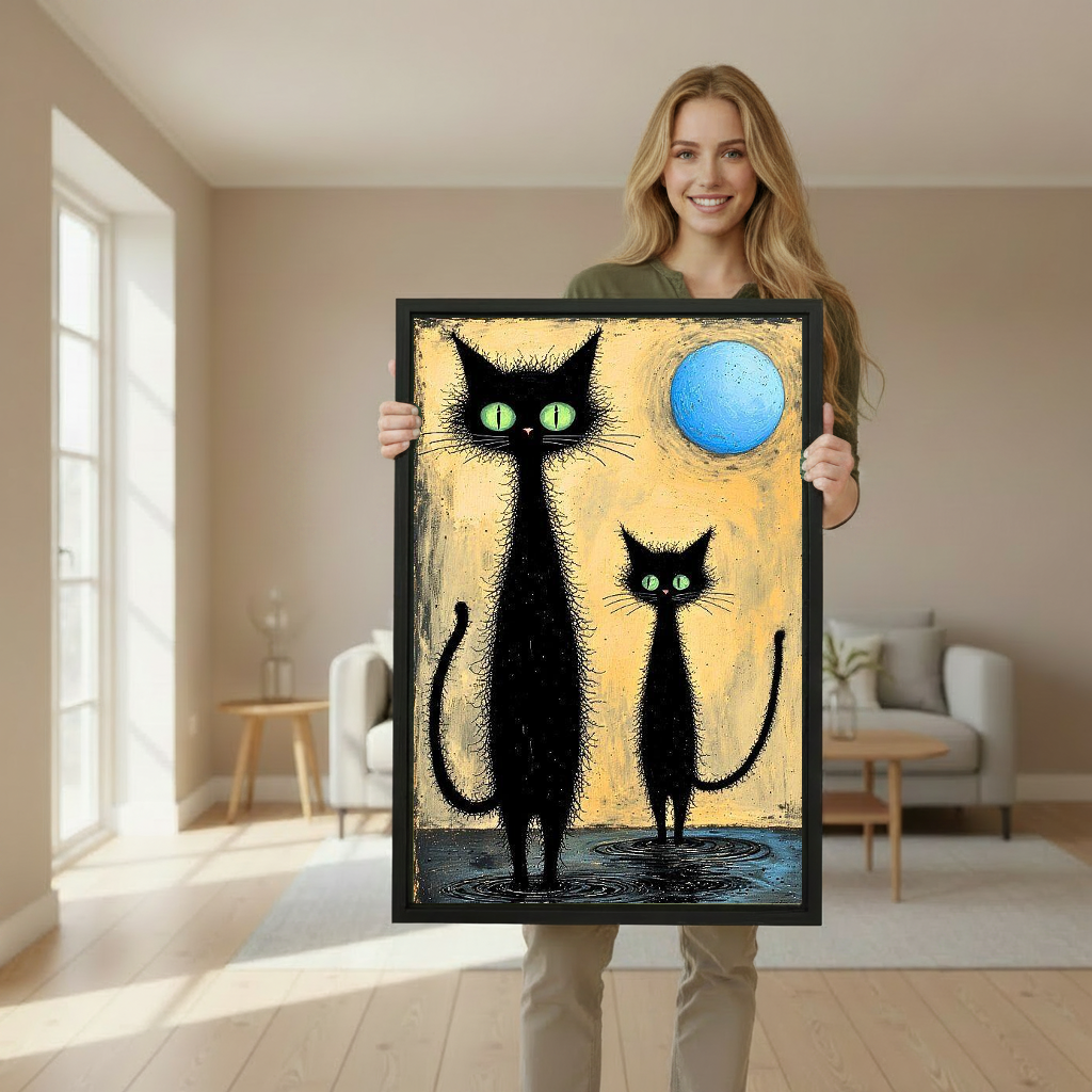 Black Cats Moon Canvas Wall Art held by a standing woman in a softly lit room.
