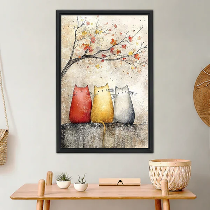 Blossom Cats Canvas Wall Art framed above a light wood console with cacti.