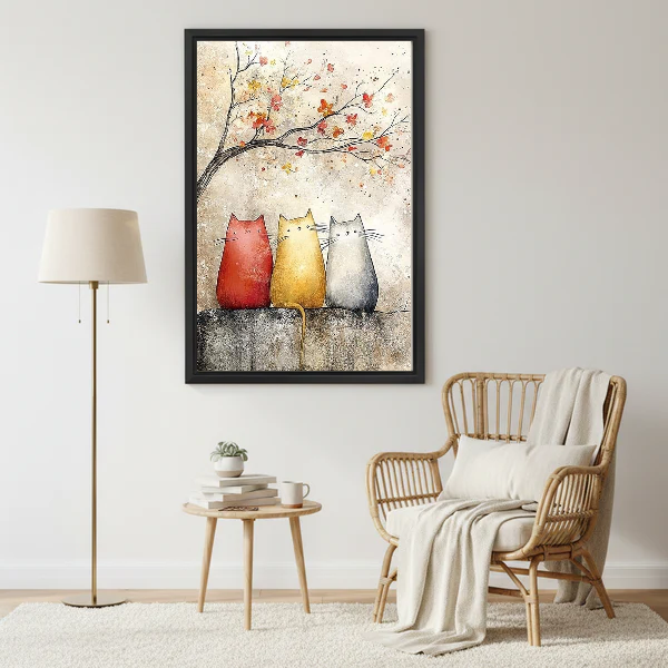 Blossom Cats Canvas Wall Art framed beside a wicker armchair with floor lamp.