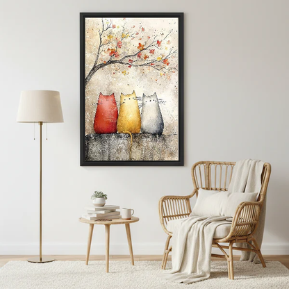 Blossom Cats Canvas Wall Art framed beside a wicker armchair with floor lamp.