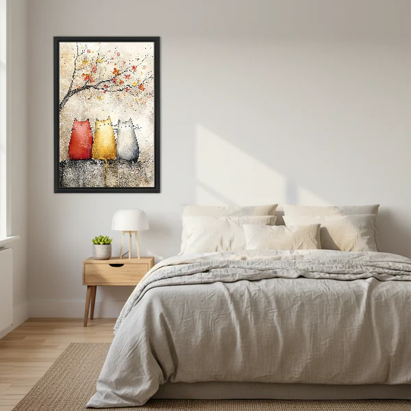 Blossom Cats Canvas Wall Art framed above a cream bed with wooden nightstands.