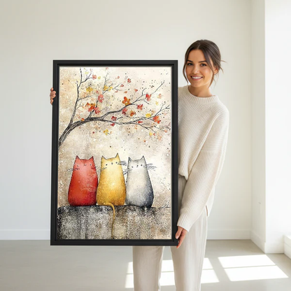 Blossom Cats Canvas Wall Art held in a black frame by a standing woman in white.