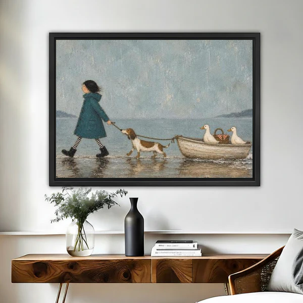 Hound Boat Canvas Wall Art framed above a wooden console with black and white vases.