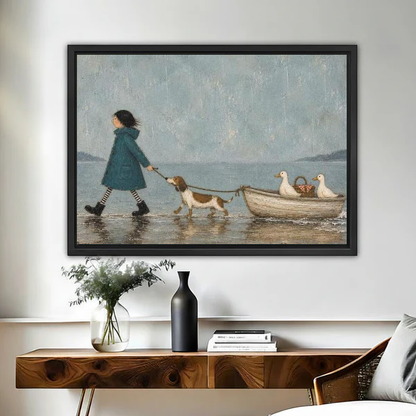 Hound Boat Canvas Wall Art framed above a wooden console with black and white vases.