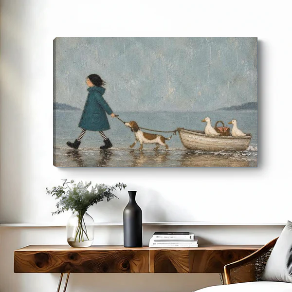 Hound Boat Canvas Wall Art unframed above a wooden console with simple vases.
