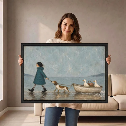 Hound Boat Canvas Wall Art held by a standing woman in a neutral room.