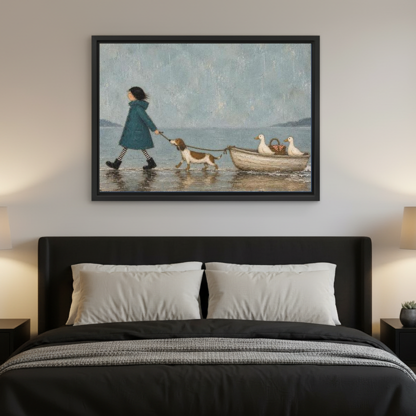 Hound Boat Canvas Wall Art framed above a charcoal bed with neutral pillows.