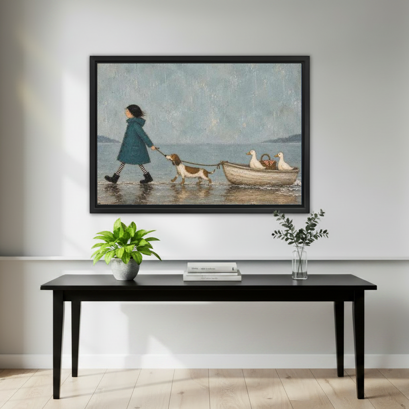 Hound Boat Canvas Wall Art framed above a black console with small green plants.