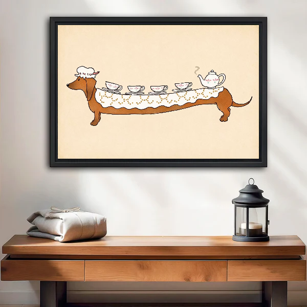 Dachshund Tea Party Canvas Wall Art framed above a wood console with linen and a lantern.