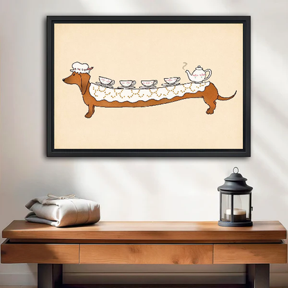 Dachshund Tea Party Canvas Wall Art framed above a wood console with linen and a lantern.