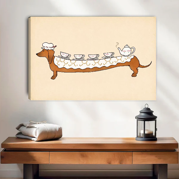 Dachshund Tea Party Canvas Wall Art unframed above a wood console with linen and a lantern.