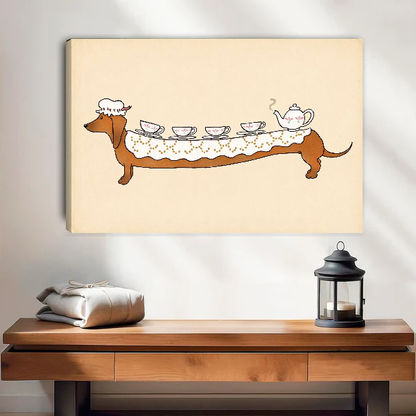Dachshund Tea Party Canvas Wall Art unframed above a wood console with linen and a lantern.