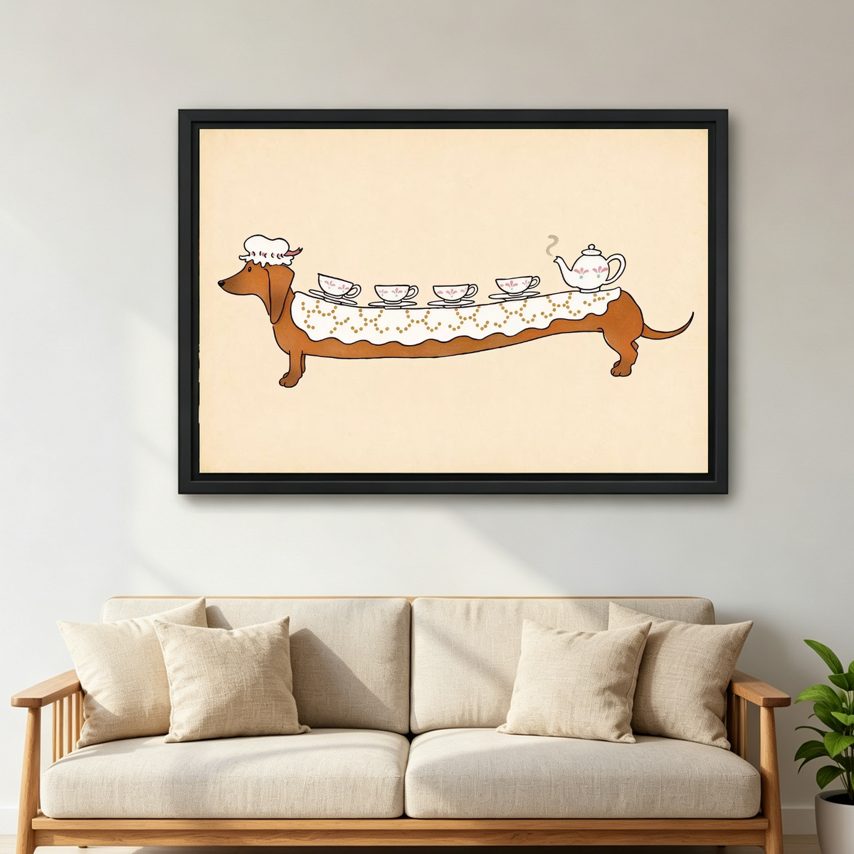 Dachshund Tea Party Canvas Wall Art framed above a cream sofa with wooden arms.