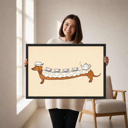 Dachshund Tea Party Canvas Wall Art held in a black landscape frame by a standing woman.