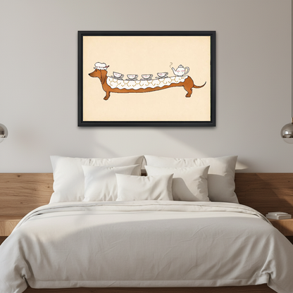 Dachshund Tea Party Canvas Wall Art framed above white bedding and a warm wood headboard.