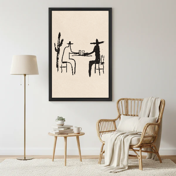 Cowboy Toast Canvas Wall Art framed beside a wicker armchair with floor lamp.