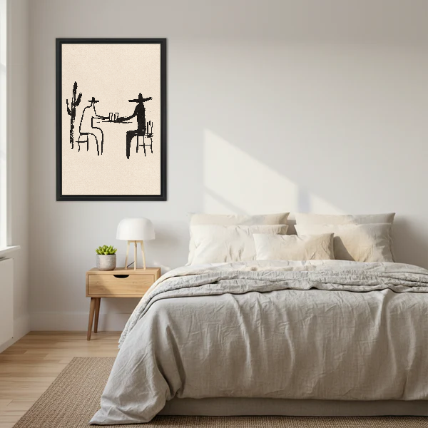 Cowboy Toast Canvas Wall Art framed above a cream bed with wooden nightstands.