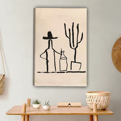 Cowboy Cactus Canvas Wall Art unframed above a light wood console and woven basket.