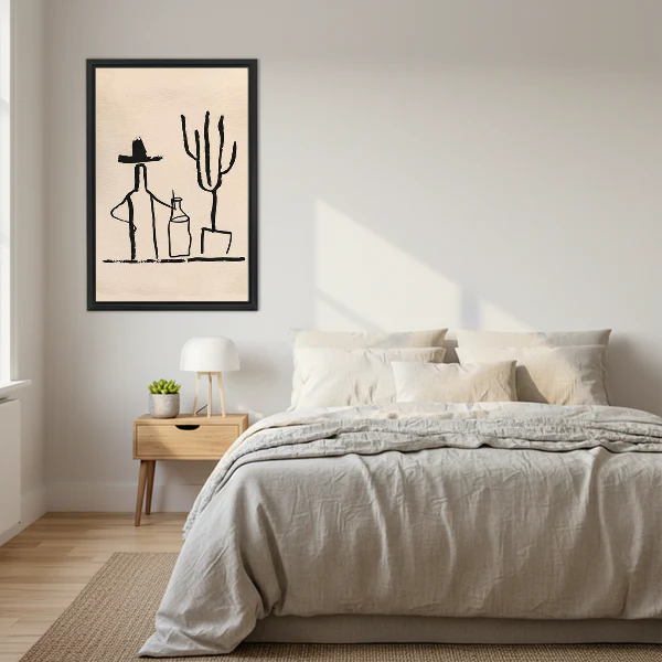 Cowboy Cactus Canvas Wall Art framed above a cream bed with wooden nightstands.
