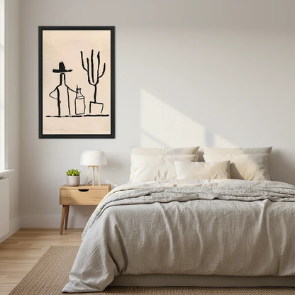 Cowboy Cactus Canvas Wall Art framed above a cream bed with wooden nightstands.