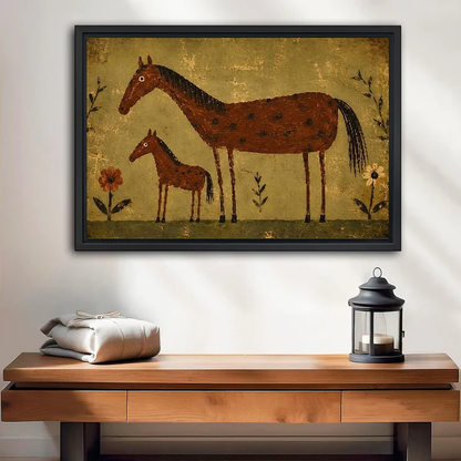 Mare Foal Canvas Wall Art framed above a wood console with linen and a lantern.