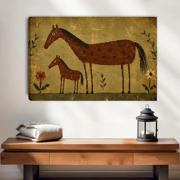 Mare Foal Canvas Wall Art unframed above a wood console with linen and a lantern.