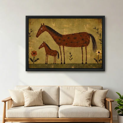 Mare Foal Canvas Wall Art framed above a cream sofa with wooden arms.