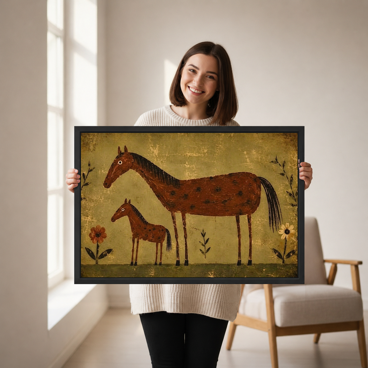 Mare Foal Canvas Wall Art held in a black landscape frame by a standing woman.