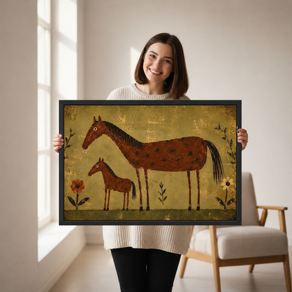 Mare Foal Canvas Wall Art held in a black landscape frame by a standing woman.