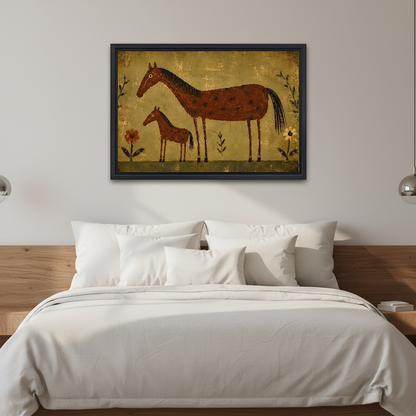 Mare Foal Canvas Wall Art framed above white bedding and a warm wood headboard.