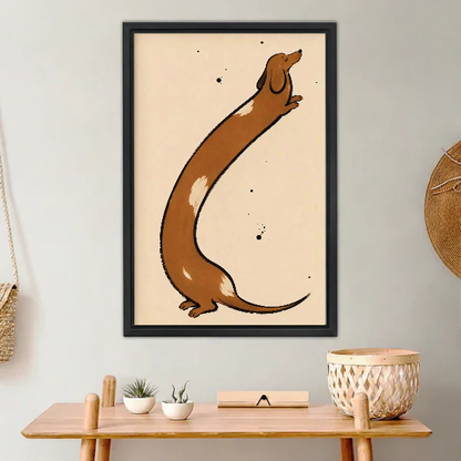 Stretching Dachshund Canvas Wall Art framed above a light wood console with cacti.