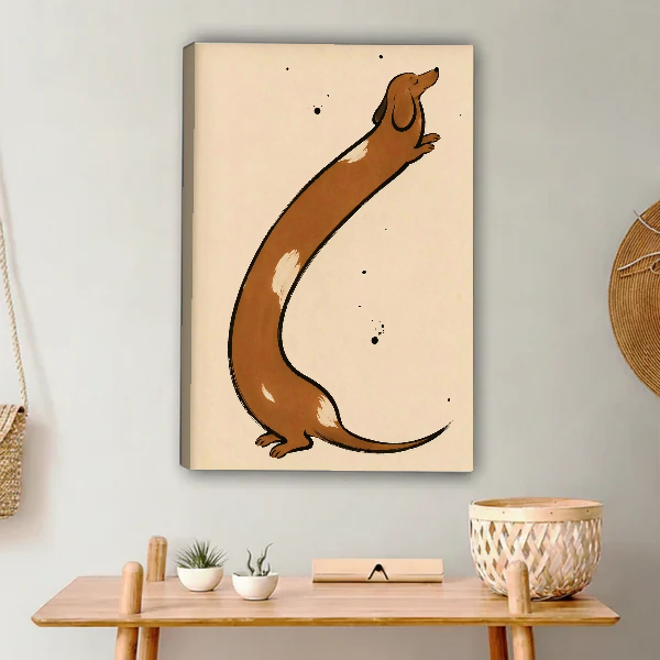 Stretching Dachshund Canvas Wall Art unframed above a light wood console and woven basket.