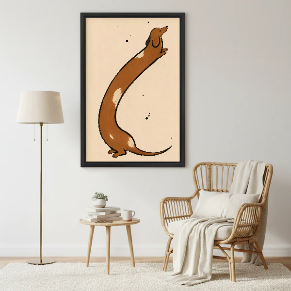 Stretching Dachshund Canvas Wall Art framed beside a wicker armchair with floor lamp.