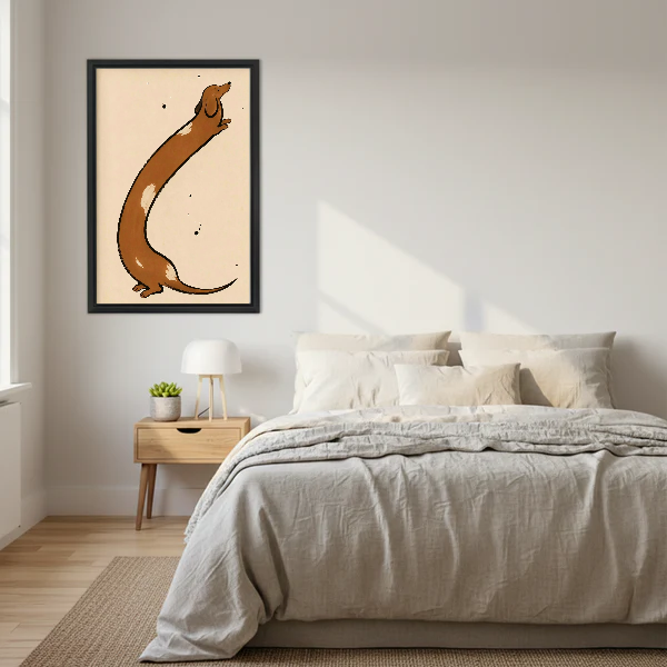 Stretching Dachshund Canvas Wall Art framed above a cream bed with wooden nightstands.