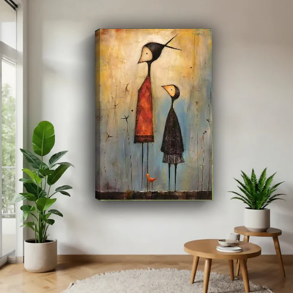 Folk Companions Canvas Wall Art unframed above a wood table with green plants.