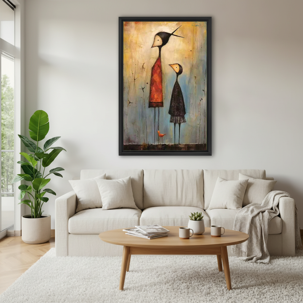 Folk Companions Canvas Wall Art framed above a white sofa and round coffee table.