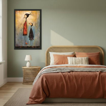 Folk Companions Canvas Wall Art framed above copper bedding against a muted olive wall.