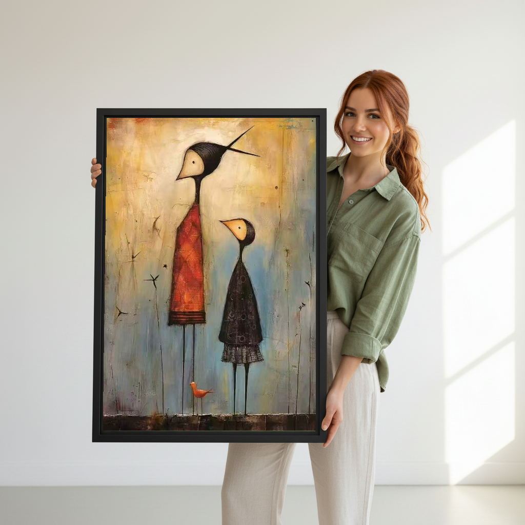 Folk Companions Canvas Wall Art held in a black frame by a woman wearing green.