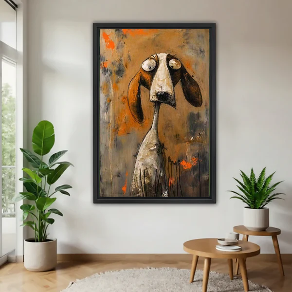 Long Face Hound Canvas Wall Art framed above a wood table with green plants.