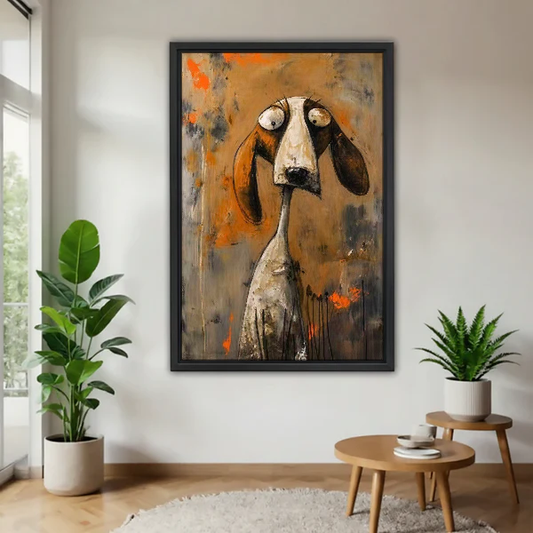 Long Face Hound Canvas Wall Art framed above a wood table with green plants.