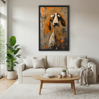 Long Face Hound Canvas Wall Art framed above a white sofa and round coffee table.