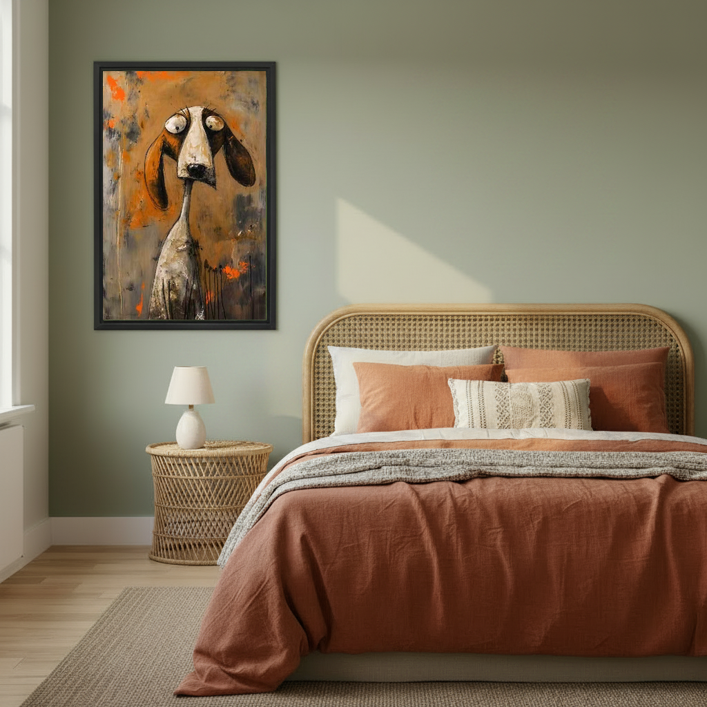 Long Face Hound Canvas Wall Art framed above copper bedding against a muted olive wall.